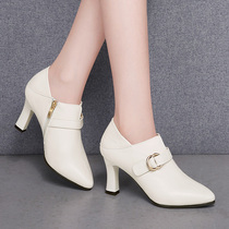 Beige Temperament High Heel Shoe Woman Fine Heel Fashion Pointed Single Shoes 2021 Spring Autumn New Metal 100 Hitch A Deep Mouth Leather Shoes