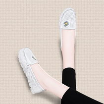 Hollowed-out bean-bean shoes Women Summer thin Breathable Genuine Leather Soft Bottom Non-slip One foot Foot Bloated Ultra Soft Flat-bottomed Pregnant Women Shoes