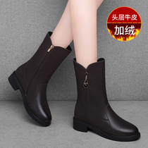 Middle Cylinder Genuine Leather Girl Boots Heel Layer Cow Leather Winter Plus Suede Leather Boots Warm Leather Cotton Shoes Coarse Heel Thickened Moms Shoes