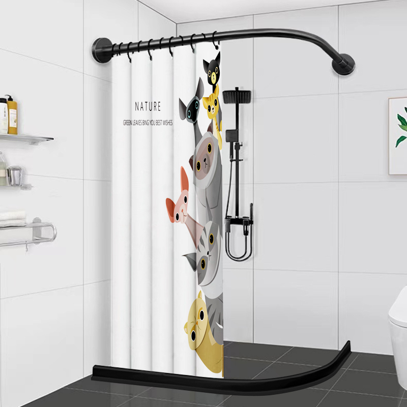 Shower Curtain Set, No-Drill Bathroom Thickened Curved Rod, L-Shaped Shower, Waterproof Fabric for Bathroom, Dry and Wet Separation