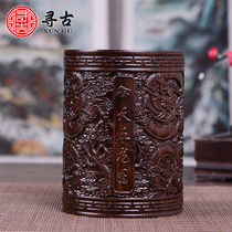 Search for ancient black sandalwood carvings of the Five Dragon pen holder Pen Holder Wooden Sculpted Handicraft Office Furnishing Gifts Gift