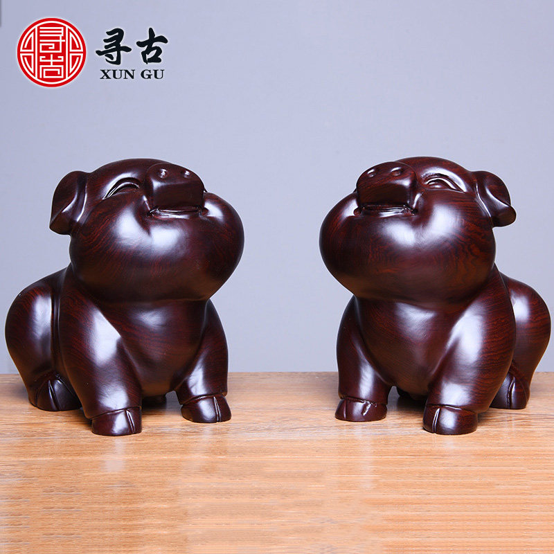 Search for ancient black sandalwood carvings duozodiac pig pendulum pieces solid wood engraving home living room decorations office craft gift swaying accessories
