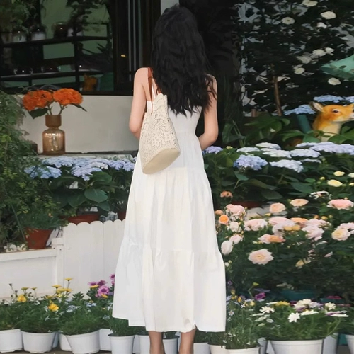 Белое летнее платье, приталенный сексуальный корсет, длинная юбка, французский стиль, V-образный вырез