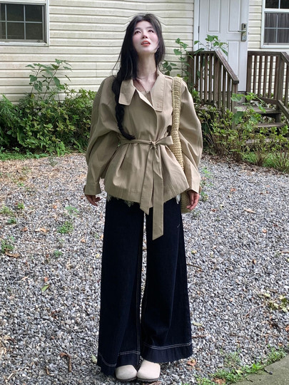 British style retro stand-collar short windbreaker jacket, feminine Korean style winter wear, strappy waist jacket top