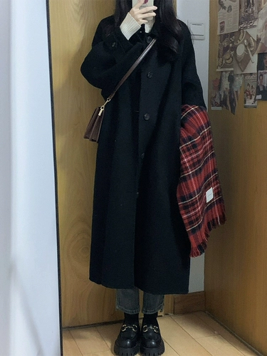 Шерстяное пальто, демисезонная длинная черная куртка, средней длины, подходит для подростков