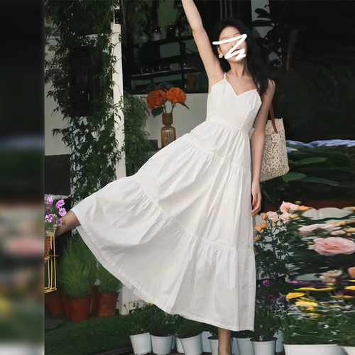 Белое летнее платье, приталенный сексуальный корсет, длинная юбка, французский стиль, V-образный вырез