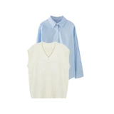 Синяя рубашка, жилет, весенний дизайнерский комплект, тренд сезона, французский стиль