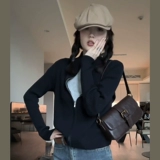 Ретро черный кардиган с молнией, свитер, куртка, весенний короткий лонгслив, в американском стиле, облегающий крой