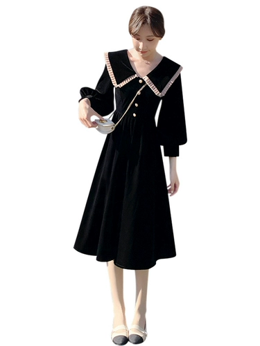 Черная кукла, бархатный лонгслив, осенняя, стиль, кукольный воротник