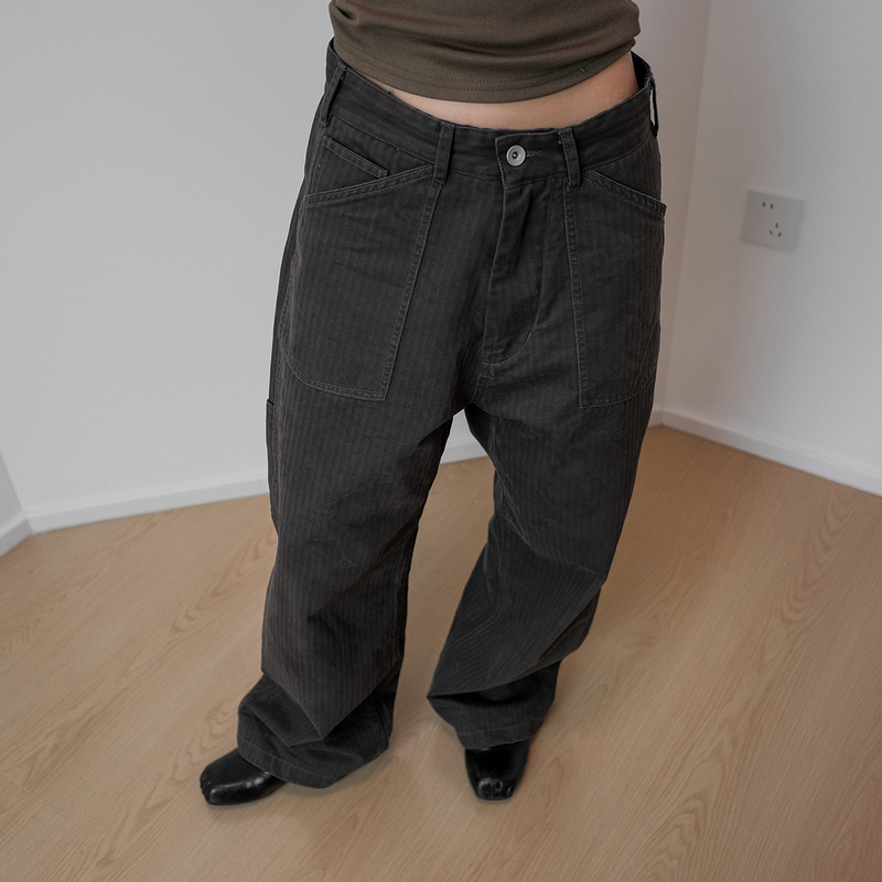 Sotem (Solarsystem) Washed and Distressed Plaid Interior Herringbone Pattern M35 Loose Straight-Leg Pants