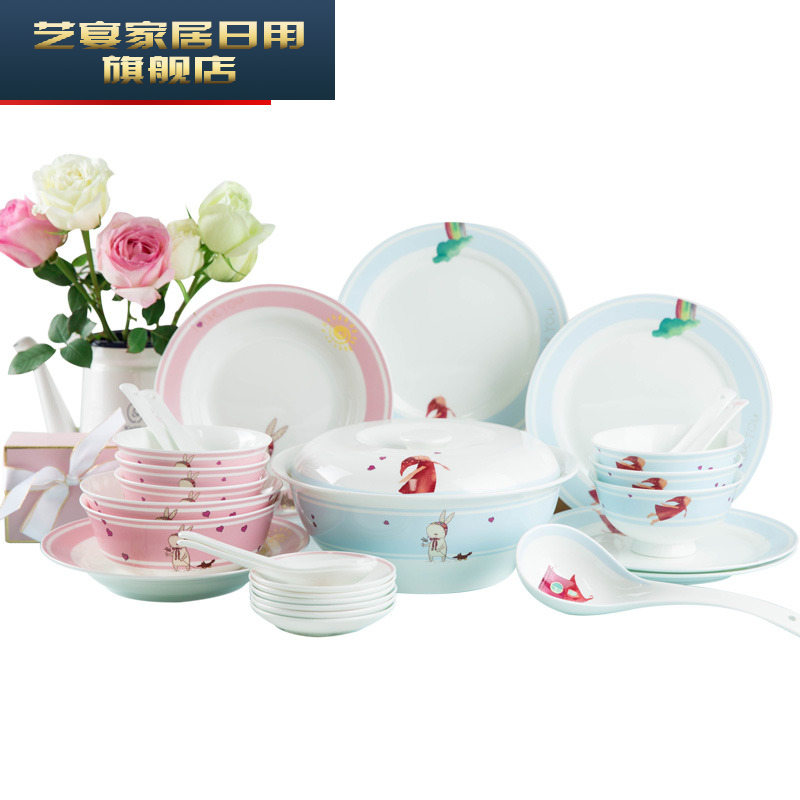 Dishes suit household sweet Dishes Chinese creative jingdezhen ceramic tableware, 4/6 people eating Korean dish bowl