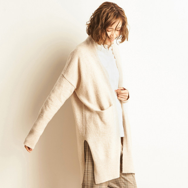 ຊຸດຖັກແສ່ວ cardigan ສໍາລັບແມ່ຍິງພາກຮຽນ spring ງ່າຍດາຍຂ້າງ slit double pocket ກາງ-length ວ່າງເສື້ອ sweater sweater