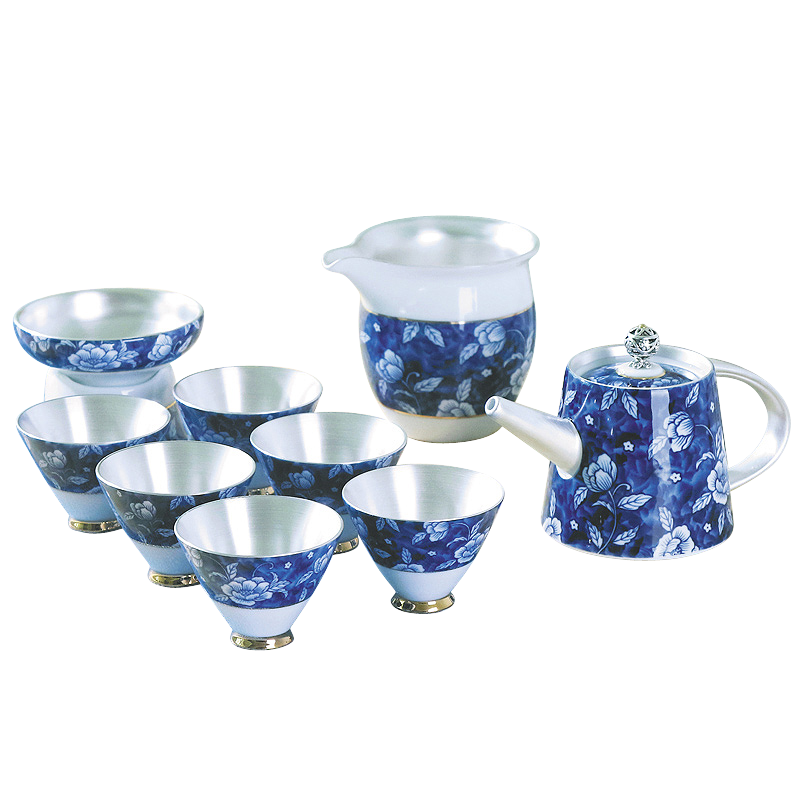 Xin arts edge ceramic coppering. As silver kung fu tea set a complete set of tea cups lid bowl of blue and white porcelain tea set