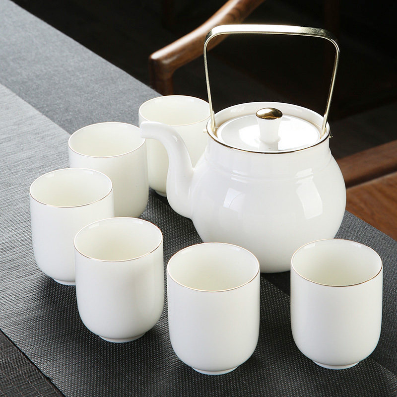 Shea Butter Jade Porcelain Sun Style Tea Set Group Home Office Large Lifting Beam Teacup Tea Cup Kongfu Tea With Large Capacity Six Cups