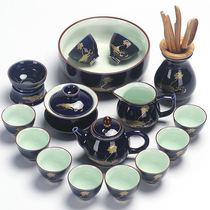 Household set of Kung Fu tea sets blue and white porcelain teapots teacups blue glaze gold lotus ceramic tea sets