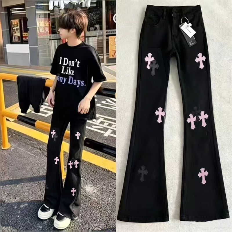 American-Style Printed Light Luxury Jeans with Pink Cross Design, Unisex Summer Trendy High Street Flared Pants New Model American-Style Printed Light Luxury Jeans with Pink Cross Design, Unisex Summer Trendy High Street Flared Pants New Model