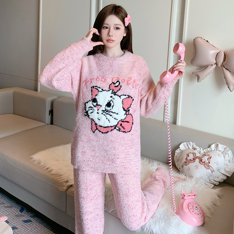 【Thermal Type】Mary Cat Women's Pajamas for Autumn and Winter, Thickened and Fleece-Lined, Half Fleece, Warm and Cute Homewear Set 【Thermal Type】Mary Cat Women's Pajamas for Autumn and Winter, Thickened and Fleece-Lined, Half Fleece, Warm and Cute Homewear Set