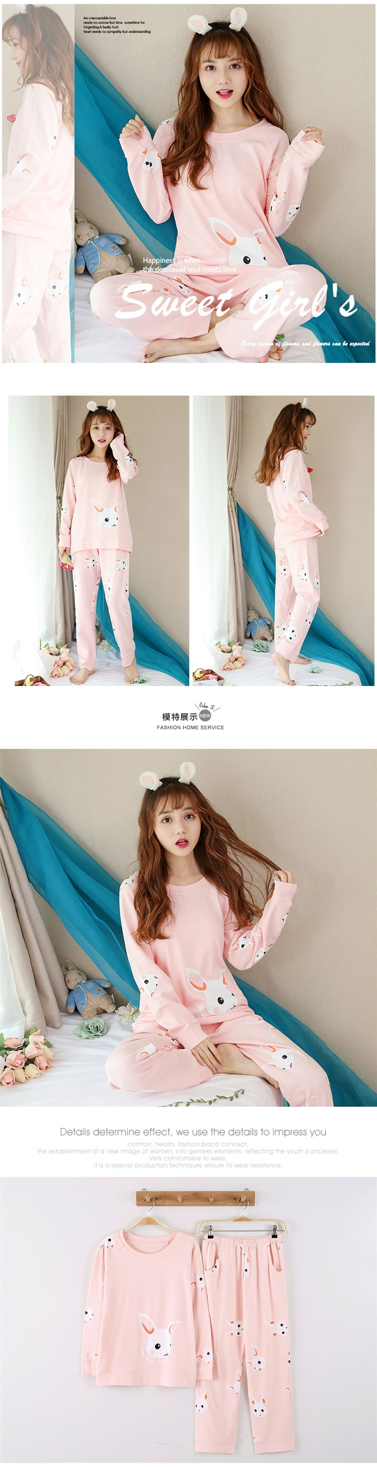 Mùa xuân và mùa thu Đồ ngủ Hàn Quốc của phụ nữ dài tay cotton giản dị dễ thương ngọt ngào có thể được mặc bên ngoài phù hợp với dịch vụ nhà do ngu