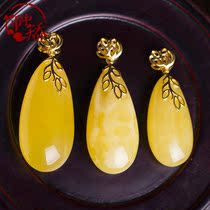 Decorated with water drop shaped beeswax pendant 925 silver gilded inlay natural amber beeswax raw stone beeswax pendant