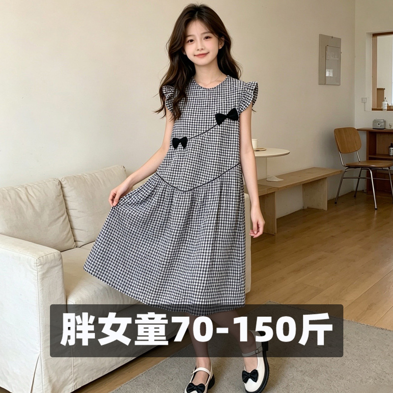 Fat Girl's Summer Dress New Style Loose Black and White Plaid Sweet Skirt Fat Girl's Big Size Summer Dress