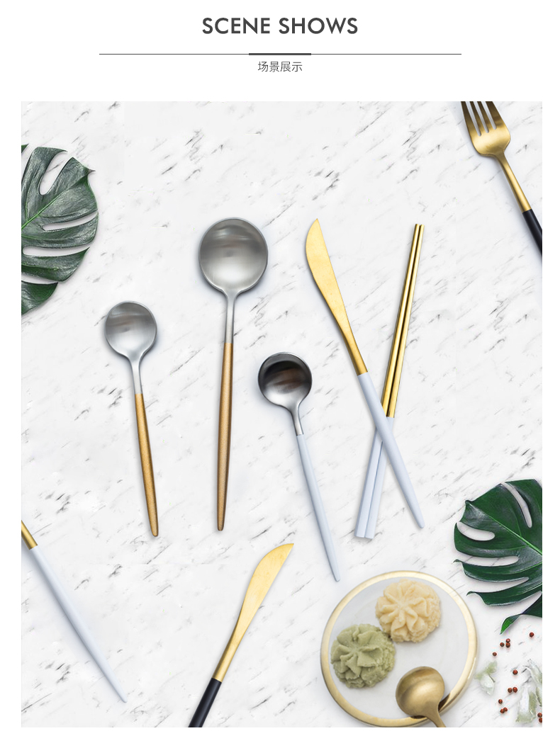 Black and white and gold and silver wire drawing of stainless steel tableware suit beefsteak coffee spoon dinner knife and fork spoon, chopsticks combination