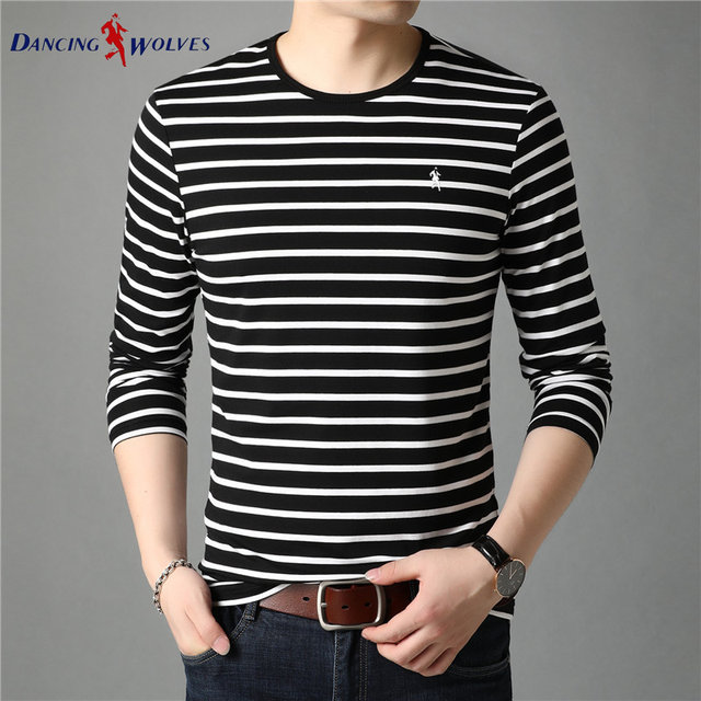 Dances with Wolves T-shirt men's long-sleeved autumn t shirt striped striped t-shirt fashionable and versatile in the round neck top