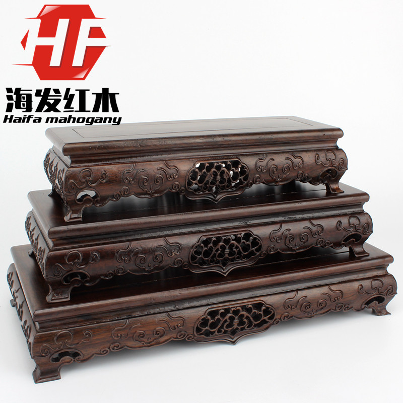 Mahogany carved rectangular Guanyin Buddha Statue of the God of wealth Pixie stone base Solid wood vase flower pot Qishi Stone base bracket