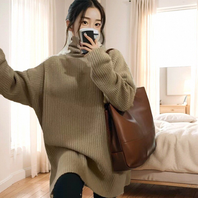 Pink Turtleneck Lazy Sweater for Women, Autumn and Winter 2025 New Design, Mid-Length Thickened Base Layer with Slit Top