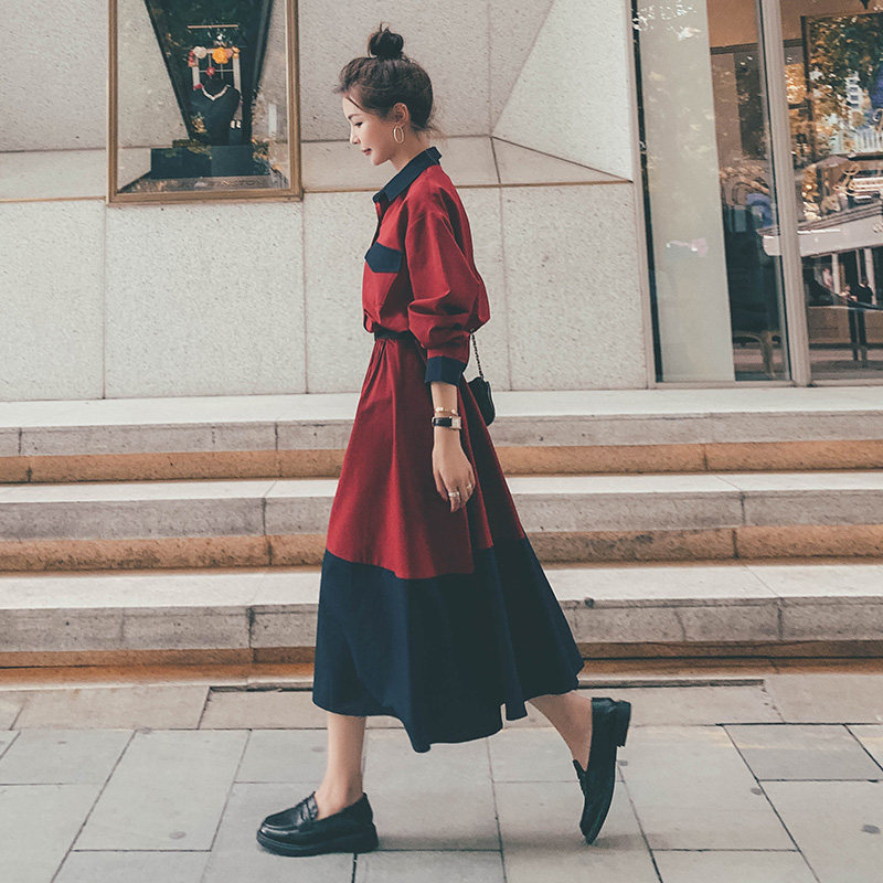 Red Long Sleeve Dress Women's Long Over the Knees Spring 2021 New Splicing Clash French Minor Platycodon Dresses