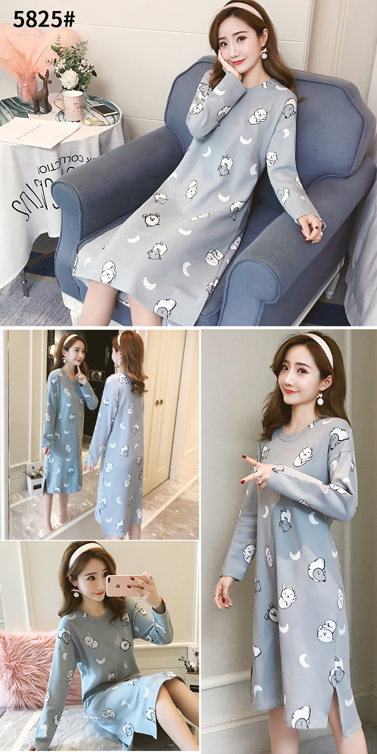 Áo ngủ dài tay cotton mùa thu Công chúa Hàn Quốc đồ ngủ lỏng cho nữ sinh viên mùa đông nữ phục vụ nhà dài váy lanh mặc nhà