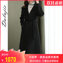 Black high end Hepburn lace double-sided cashmere coat women 2021 new autumn winter long woolen coat