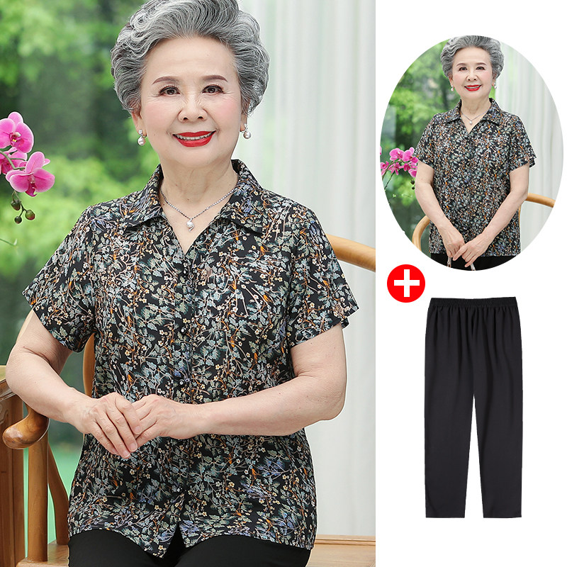 100% Mulberry Silk Seniors Summer Dress Lady Short Sleeve Shirt Mom Wife Real Silk Clothes Grandma Summer Suits