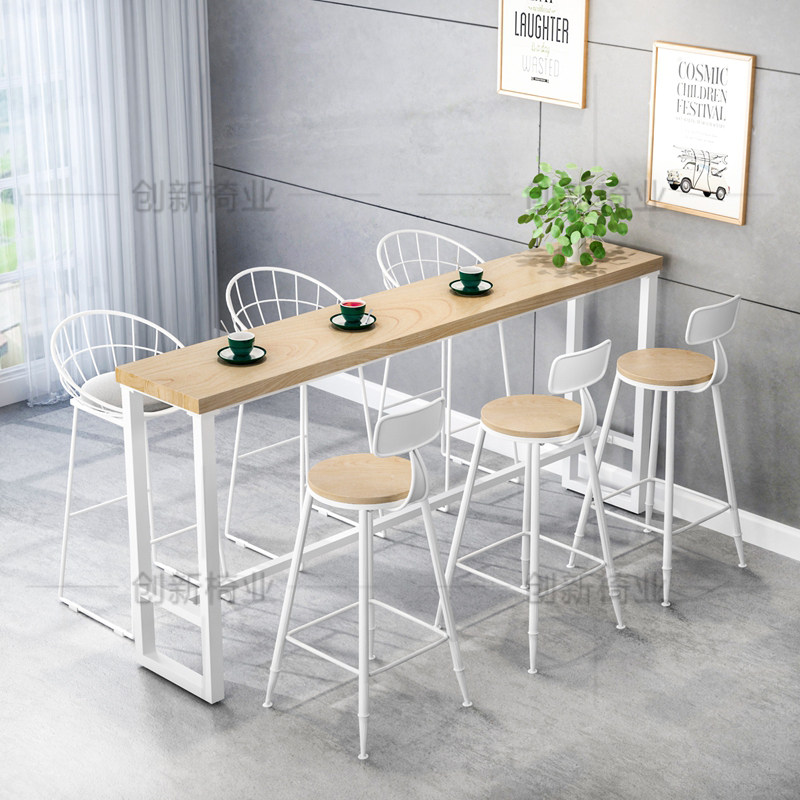 Solid wood bar table Home Nordic modern strip leaning against wall narrow table High foot table milk tea shop Bar table and chairs Composition