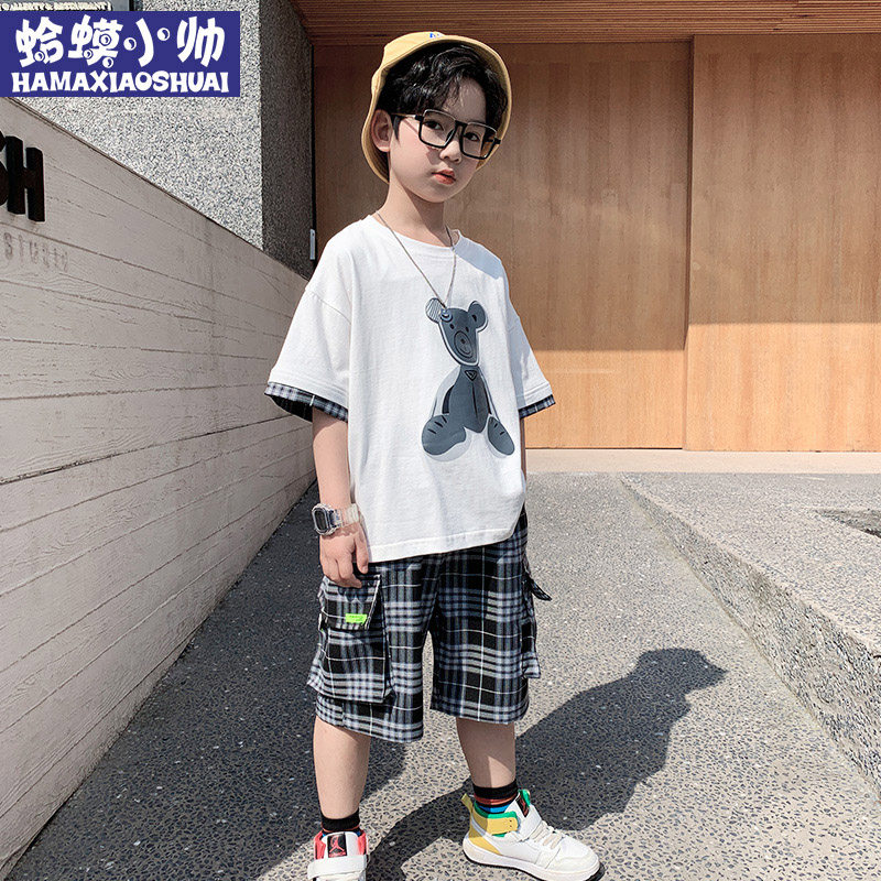 Boy suit Summer 2022 new wave trendy small bear short sleeve plaid pants Two sets CUHK Tong Han Edition Scout