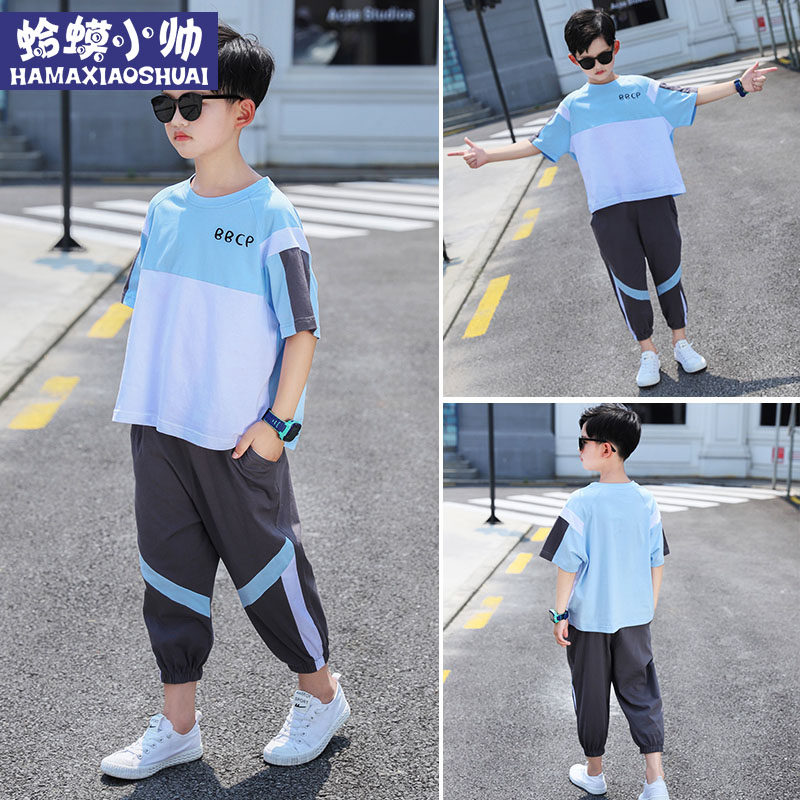 Boy's summer clothing suit 2022 new summer models Children short sleeves CUHK Boy handsome boy handsome Casual 12 Tide 15