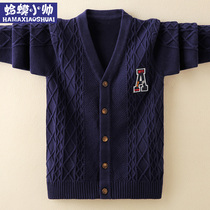 Boys cardigan sweater autumn and winter section Childrens foreign style sweater jacket 12 pure cotton boy line 15 years old