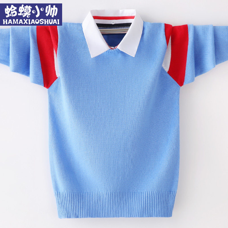 Boy sweater jacket head autumn and winter style Gardown thickened large child-knit cardiovert child boy shirt collar fake two sanitary clothes
