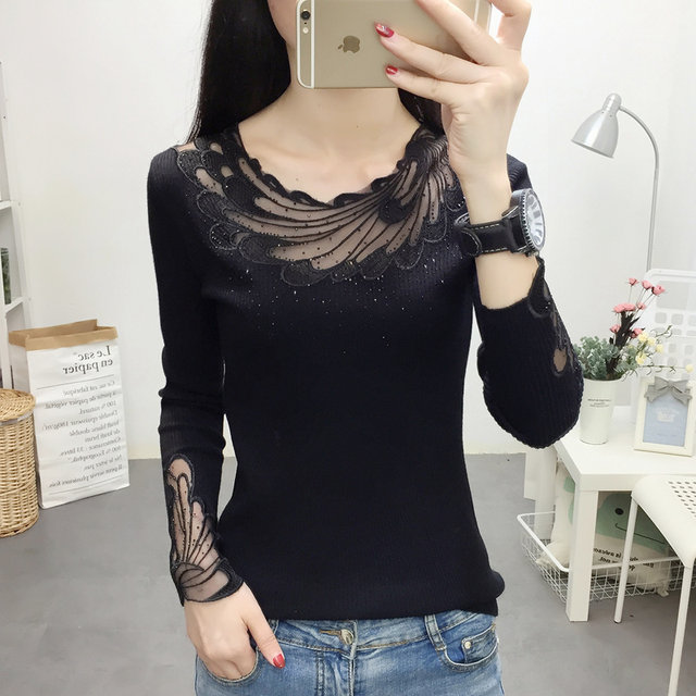 2023 New Korean Style Lace Sweater Women's Spring and Autumn Pullover Low Collar Slim Fit Stretch Bottoming Sweater trendy inside