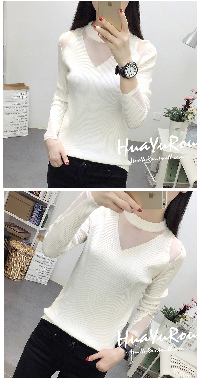 Mùa thu đông 2018 mới cổ tròn ren mỏng mảnh mai chạm đáy áo len dài tay lệch vai áo len hoang dã áo khoác len cardigan nữ