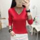 ເສື້ອຢືດສາຍຄໍ V-neck lace mesh splicing sweater bottoming shirt women's long-sleeved 2021 spring and autumn pullover inner pullover knitted top