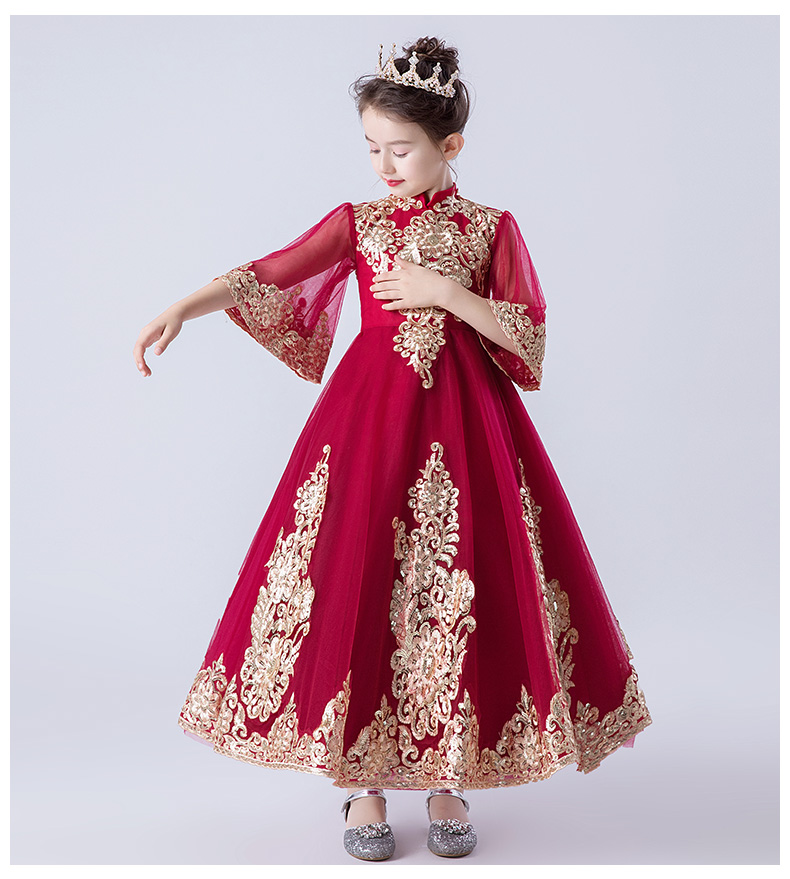 Váy hoa cô gái nữ đám cưới cô gái công chúa váy đỏ fluffy dài tay cưới chủ nhà biểu diễn trang phục mùa thu váy công chúa cho bé gái 12 tuổi