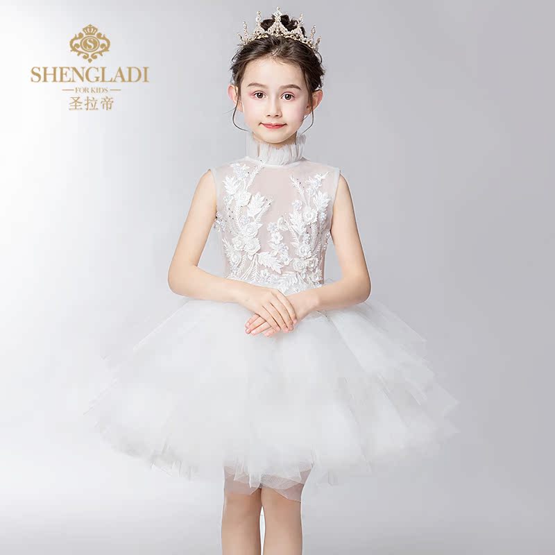 Hoa cô gái ăn mặc trẻ em đám cưới cô gái công chúa váy trắng đám cưới chủ trang phục trang phục cô gái nhỏ sưng húp sợi - Váy trẻ em váy dự tiệc trẻ em cao cấp