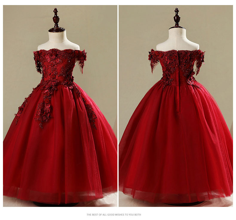 Công chúa váy cô gái dạ hội trẻ em chủ nhà váy cưới váy dài catwalk đỏ từ vai váy cưới váy mùa thu và mùa đông áo vest trẻ em