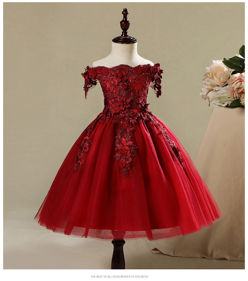 Công chúa váy cô gái dạ hội trẻ em chủ nhà váy cưới váy dài catwalk đỏ từ vai váy cưới váy mùa thu và mùa đông áo vest trẻ em