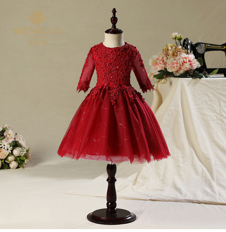 Trẻ em váy công chúa váy cô gái hoa cưới pettiskirt đỏ dài tay áo dài phần lớn cậu bé chủ nhà mùa thu và mùa đông váy phù dâu bé gái