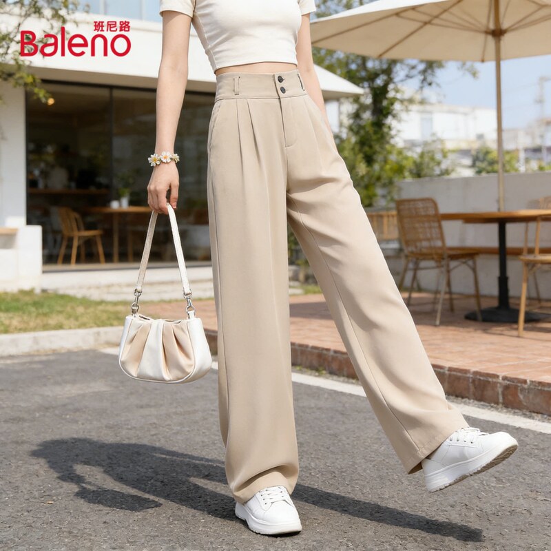 Baleno High-Waisted Double-Button Suit Pants for Women, Summer Pleated Drape, Slimming, Loose, Casual, Narrow Straight-Leg Pants J