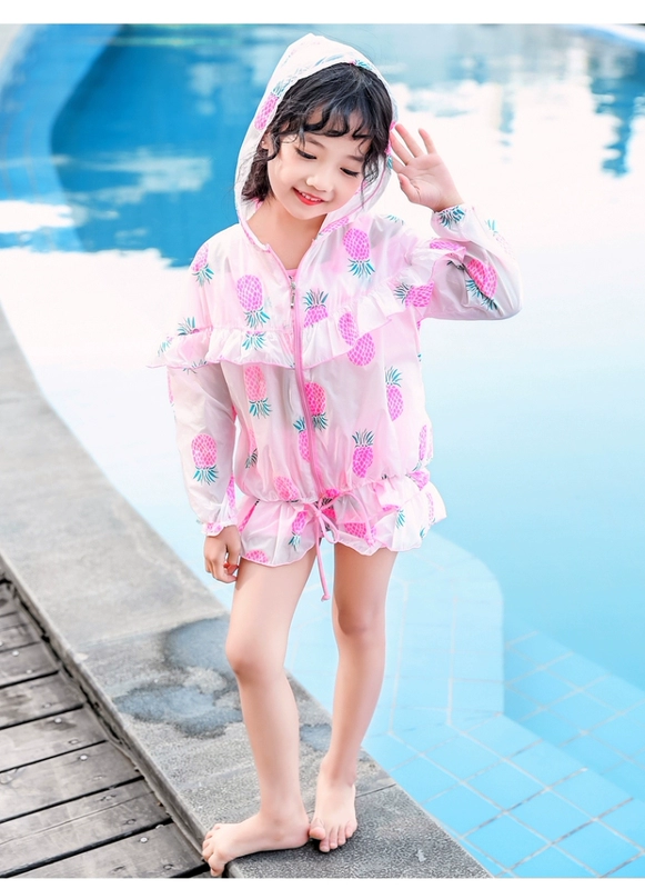Cô gái bơi ba mảnh 2019 hè mới cô bé lưới đỏ chia đôi áo tắm áo tắm che nắng - Đồ bơi trẻ em quần áo trẻ em hàn quốc