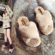 Dép lông cừu nữ chic2018 Phiên bản Hàn Quốc mới mặc thời trang xã hội đáy phẳng mùa thu và mùa đông lưới lông thỏ đỏ kéo