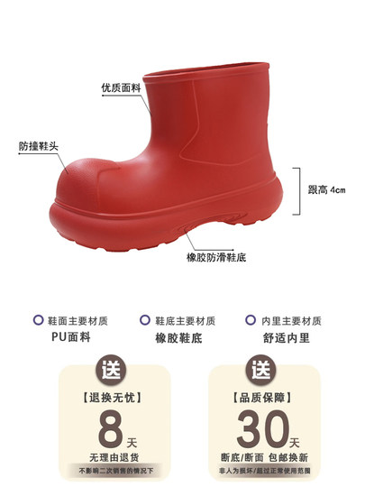 Red Rain Boots for Women, 2025 New Model, Waterproof, Non-Slip, Short Rain Boots, Thick-Soled, Lightweight, Slip-On Water Shoes for Outdoor Wear
