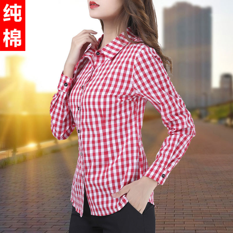 Pure Cotton Shirt Women's Long-Sleeved 2025 Spring & Fall New Plaid Shirt Middle-Aged Mother Fashionable Versatile Bottoming Top